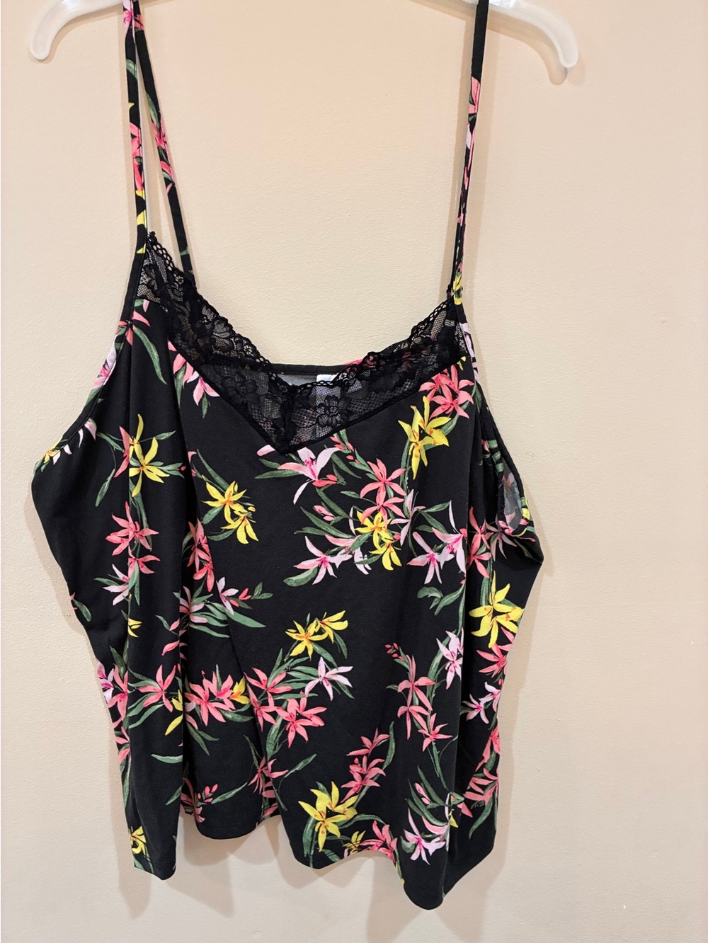 Floral Lace Trim Cami Pajama Short set - Black with Pink & Yellow Floral